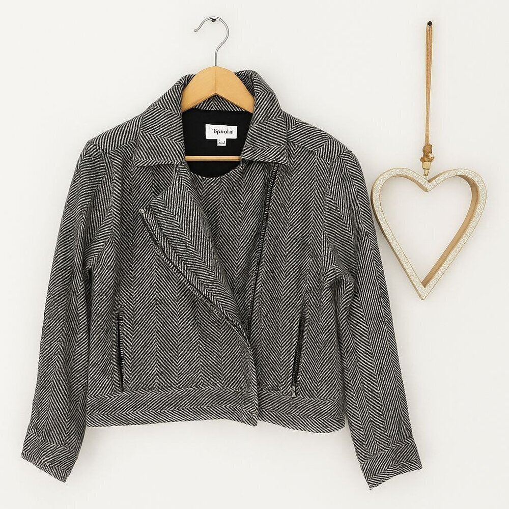 Splendid TIA Herringbone Crop Biker Jacket XTRA-SMALL XS in Black White Colorway